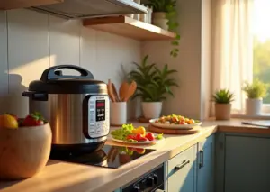 Кухонная сцена с современной мультиваркой скороваркой и духовкой в яркой уютной кухне