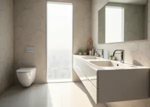 Современные приборы экономии воды: аэратор на кране, двухрежимный слив унитаза и сенсорный смеситель в интерьере ванной комнаты