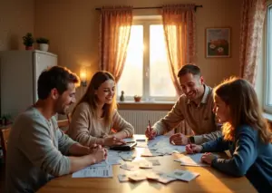 Уютный интерьер российского дома с семьей, рассматривающей бюджет и счета за коммунальные услуги