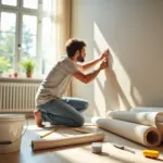 Человек клеит флизелиновые обои в светлой комнате рядом инструменты и рулоны обоев