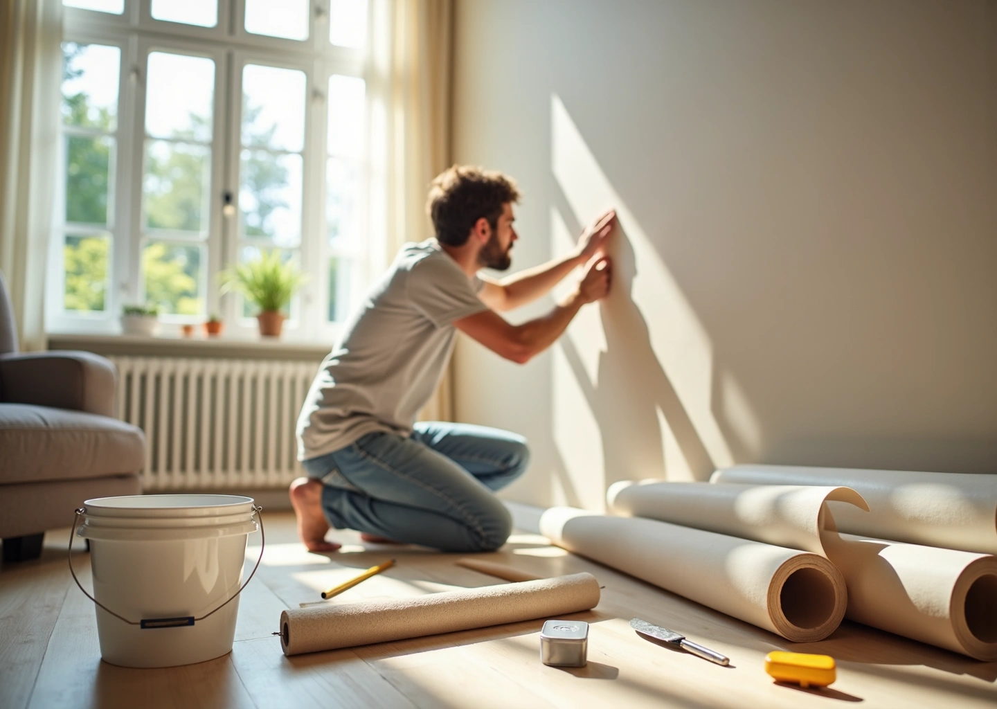 Человек клеит флизелиновые обои в светлой комнате рядом инструменты и рулоны обоев
