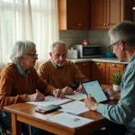 Пожилые люди и инвалид просматривают коммунальные квитанции вместе с сотрудником МФЦ за кухонным столом