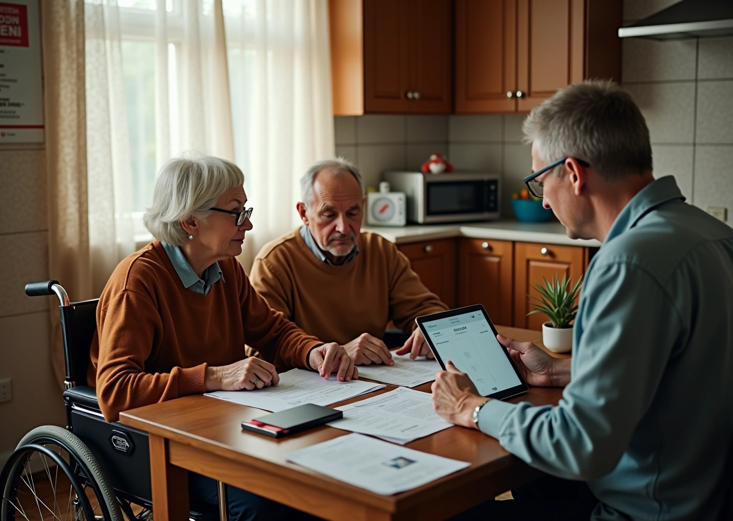 Пожилые люди и инвалид просматривают коммунальные квитанции вместе с сотрудником МФЦ за кухонным столом
