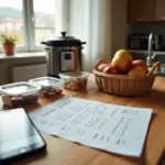 Кухонный стол с недельным планером, списком покупок, контейнерами с порциями и сезонными продуктами в уютной русской кухне