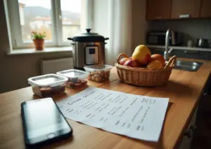Кухонный стол с недельным планером, списком покупок, контейнерами с порциями и сезонными продуктами в уютной русской кухне