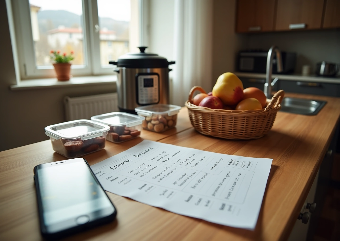 Кухонный стол с недельным планером, списком покупок, контейнерами с порциями и сезонными продуктами в уютной русской кухне