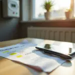 Стол с квитанцией ЖКХ, ручкой и смартфоном на фоне радиатора и счётчика в квартире