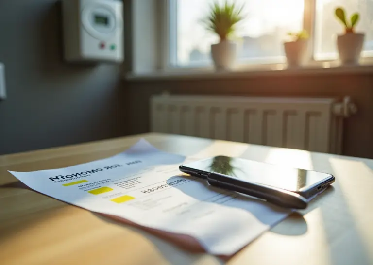 Стол с квитанцией ЖКХ, ручкой и смартфоном на фоне радиатора и счётчика в квартире