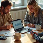 Семья за столом распределяет семейный бюджет ноутбук со схемой расходов смартфон с приложением чеки и счётчики на стене