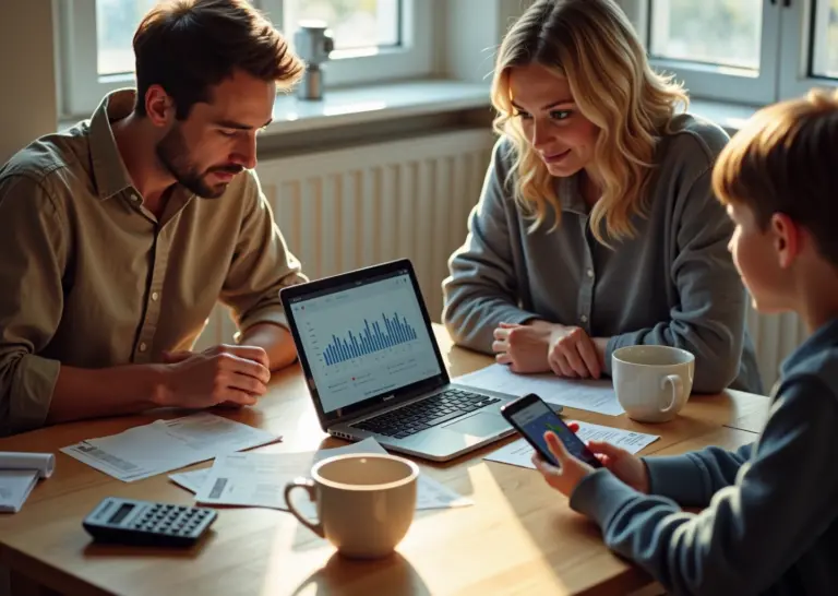 Семья за столом распределяет семейный бюджет ноутбук со схемой расходов смартфон с приложением чеки и счётчики на стене
