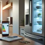 Энергоэффективный холодильник с видимым энергетическим ярлыком и смартфоном с приложением для мониторинга энергии в современной кухне