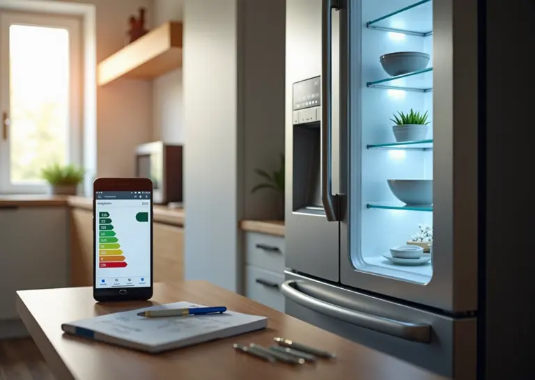 Энергоэффективный холодильник с видимым энергетическим ярлыком и смартфоном с приложением для мониторинга энергии в современной кухне