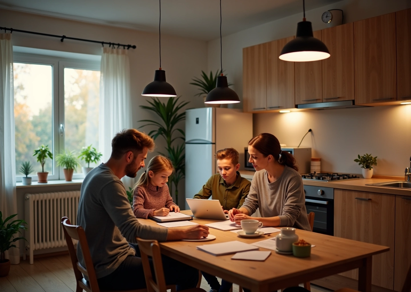 Уютный интерьер русского дома с энергоэффективной техникой, умным термостатом и водосберегающими устройствами, семья обсуждает коммунальные счета за столом