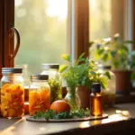 Уютный интерьер российского дома с натуральными освежителями воздуха в стеклянных банках, стоящими на деревянном столе у окна с естественным солнечным светом, отражая безопасную и экологичную атмосферу для экономного образа жизни