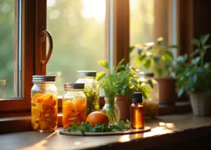 Уютный интерьер российского дома с натуральными освежителями воздуха в стеклянных банках, стоящими на деревянном столе у окна с естественным солнечным светом, отражая безопасную и экологичную атмосферу для экономного образа жизни