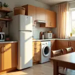 Современный интерьер дома в России с бытовой техникой и элементами энергосбережения и ухода