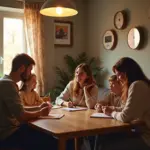 Квартира в России с энергосберегающей техникой и семьёй, обсуждающей домашний бюджет и счета