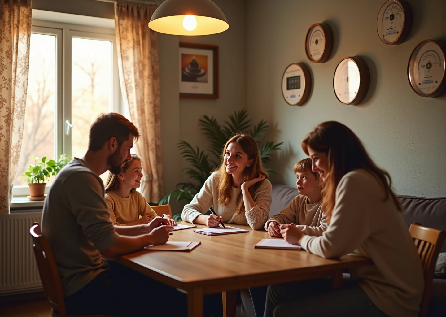 Квартира в России с энергосберегающей техникой и семьёй, обсуждающей домашний бюджет и счета