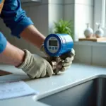 Монтажник устанавливает водяной счётчик в квартире, видны запорные краны, фильтр и документы на столе