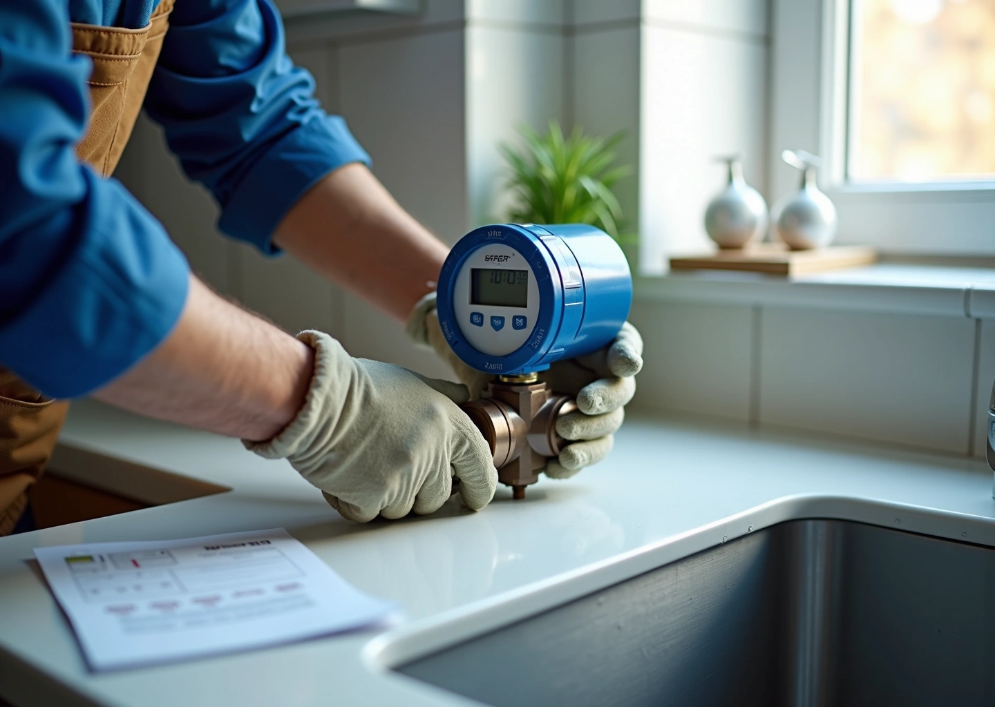 Монтажник устанавливает водяной счётчик в квартире, видны запорные краны, фильтр и документы на столе